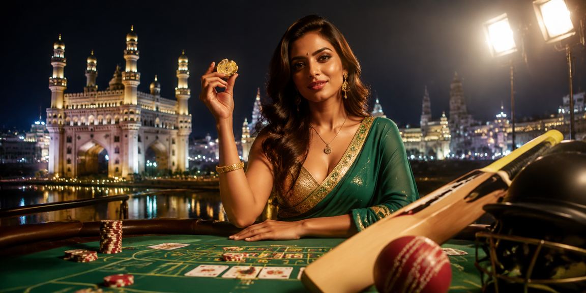 Woman using mobile app at Hyderabad Charminar for cricket betting